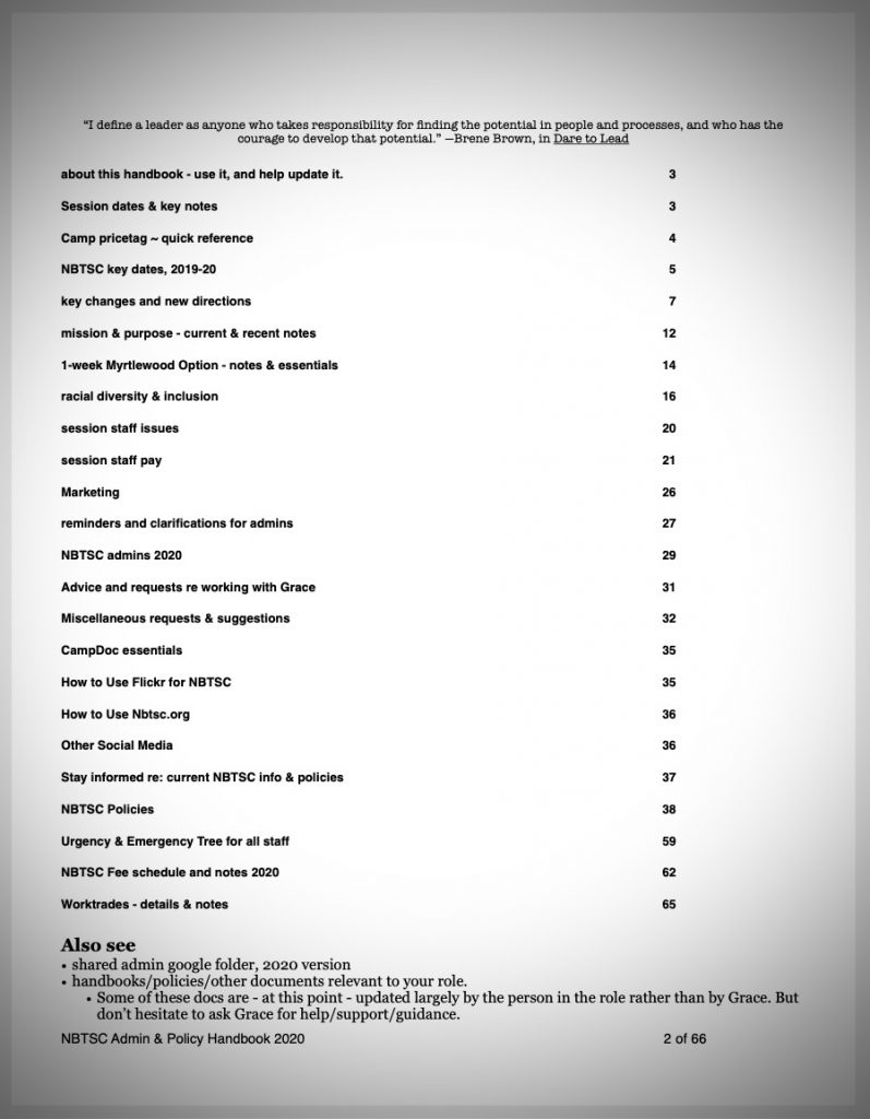 NBTSC 2020 admin handbook table of contents
